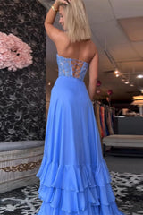 Ruffled Chiffon Blue Prom Dress Corset Long Formal Dress With Slit