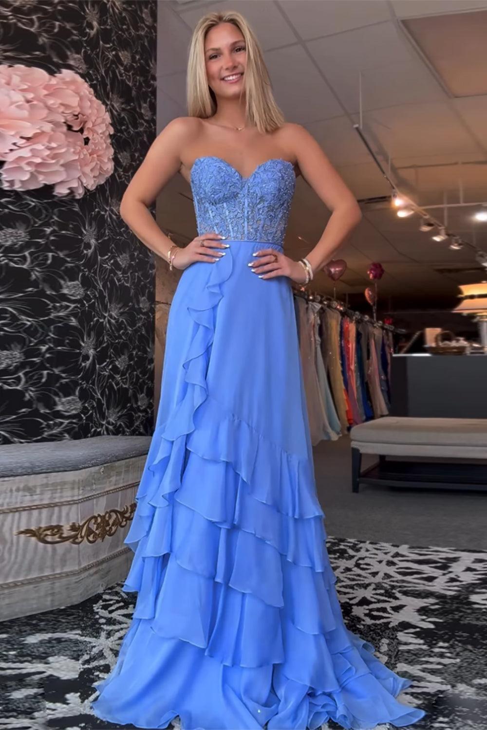 Ruffled Chiffon Blue Prom Dress Corset Long Formal Dress With Slit