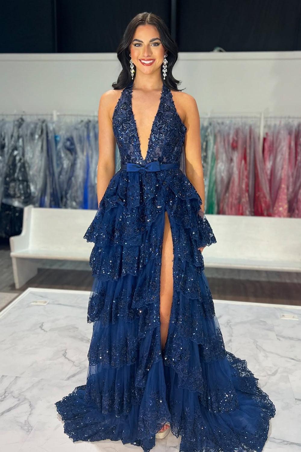 Suzhoufashion Ruffled Navy Prom Dress Halter Long Formal Dress With Slit Suzhoufashion Ruffled Navy Prom Dress Halter Long Formal Dress With Slit