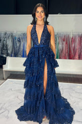 Ruffled Navy Prom Dress Halter Long Formal Dress With Slit