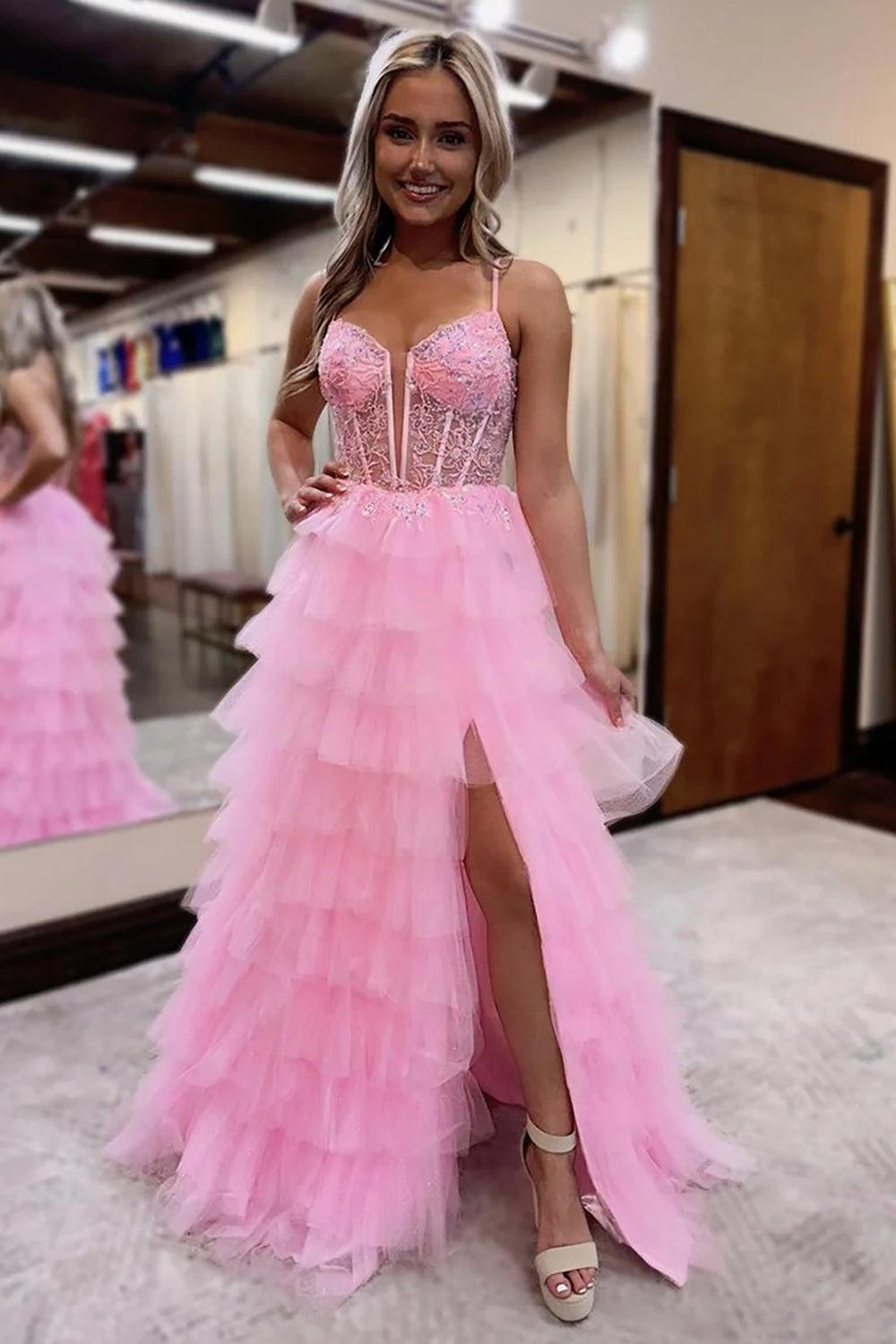 Ruffled Pink Prom Dress Corset Formal Dress With Slit