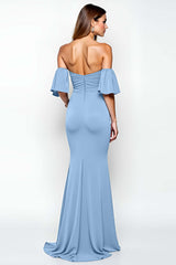 Ruffled Sheath Dusty Blue Wedding Guest Dress Long Formal Dress