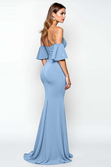 Ruffled Sheath Dusty Blue Wedding Guest Dress Long Formal Dress