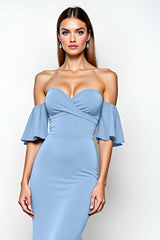 Ruffled Sheath Dusty Blue Wedding Guest Dress Long Formal Dress