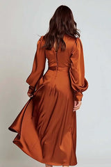 Suzhoufashion Rust Satin A-Line V-Neck Ruched Midi Prom Dress With Sleeves