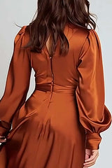 Suzhoufashion Rust Satin A-Line V-Neck Ruched Midi Prom Dress With Sleeves