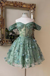 Sage Green Off-Shoulder Corset Mini Homecoming Dress 3D Flowers & Gold Sequin Tulle