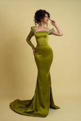Sage Green Prom Dress Long Sleeve One Shoulder Mermaid Evening Formal Dress With Split