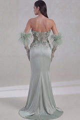Sage Green Satin Mermaid Prom Dress with 3D Flowers and High Slit