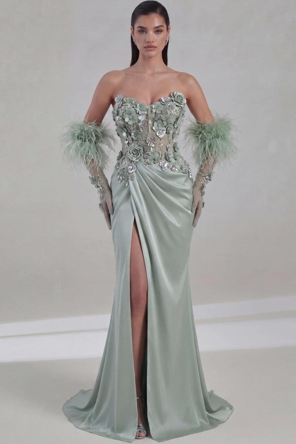 Sage Green Satin Mermaid Prom Dress with 3D Flowers and High Slit