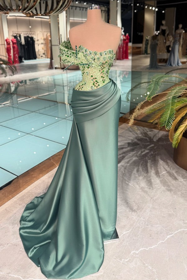 Sage Green Satin Prom Dress with Crystal Bodice and Draped Train