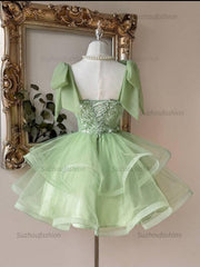 Sage Green Sweetheart Lace Corset Mini Homecoming Dress Bow Straps & Tiered Tulle