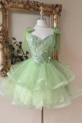 Sage Green Sweetheart Lace Corset Mini Homecoming Dress Bow Straps & Tiered Tulle