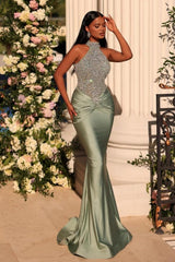Sage Prom Dress Mermaid High Neck Sleeveless Lace Formal Dress