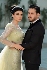 Sage Prom Dress Mermaid Square Sleeves Sequined Panel Train Tulle Formal Dress With Rhinestones