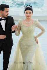 Sage Prom Dress Mermaid Square Sleeves Sequined Panel Train Tulle Formal Dress With Rhinestones