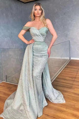 Sage Prom Dress Pretty One Shoulder Sweetheart Mermaid Long Evening Formal Dress With Ruffled