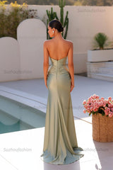 Suzhoufasion Sage Green Prom Dress Mermaid Beaded Sleeveless Satin Formal Dress