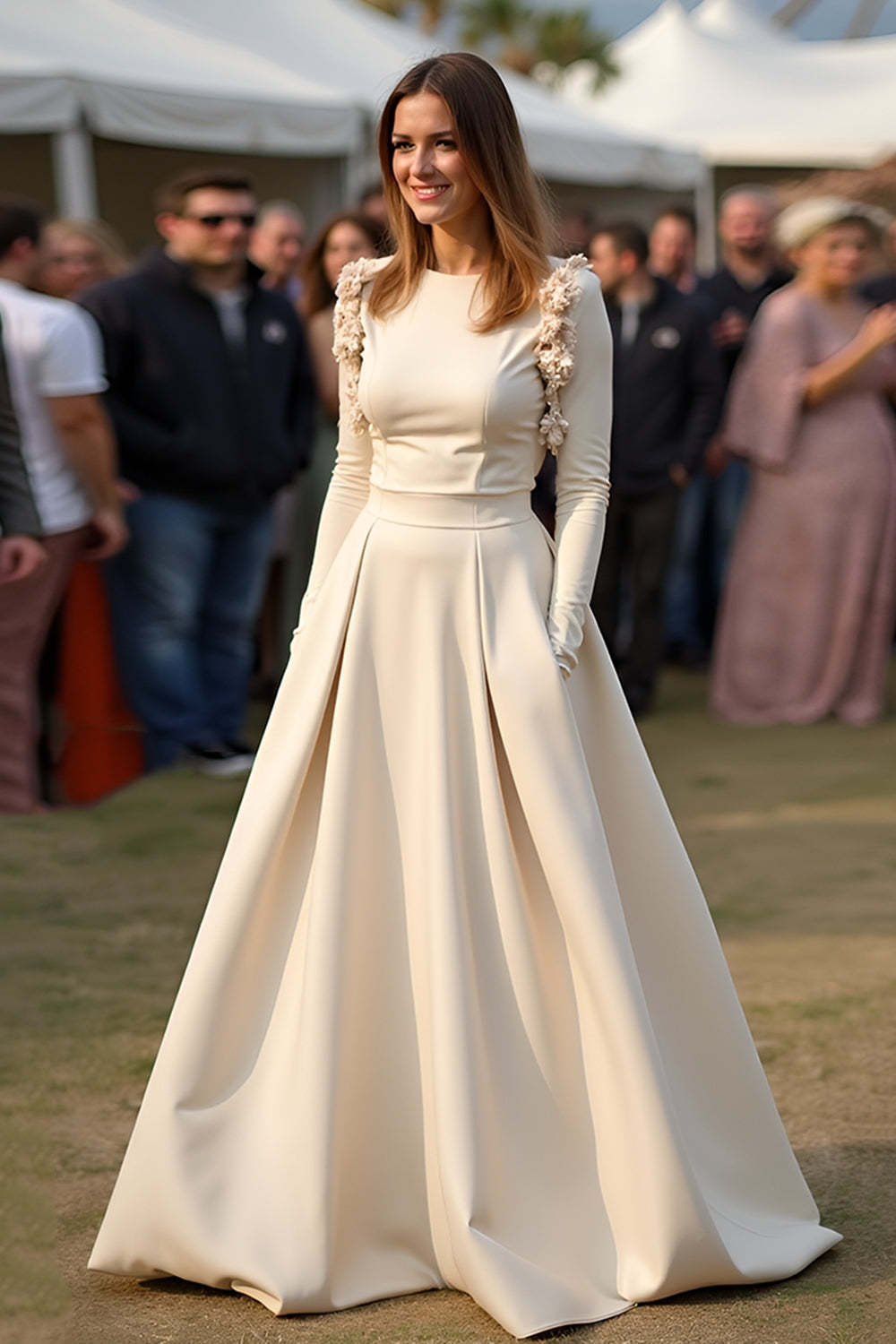 Suzhoufashion Satin A Line Apricot Wedding Guest Dress Gala Dress With Long Sleeves Suzhoufashion Satin A Line Apricot Wedding Guest Dress Gala Dress With Long Sleeves