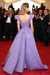 Satin A Line Elegant V-Neck Purple Wedding Guest Dress Gala Dress With Flying Sleeves
