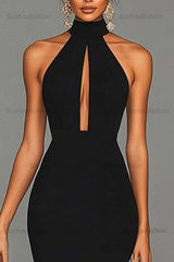 Satin Black Wedding Guest Dress Mermaid Halter Neck Formal Dress