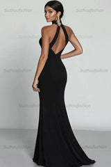 Satin Black Wedding Guest Dress Mermaid Halter Neck Formal Dress