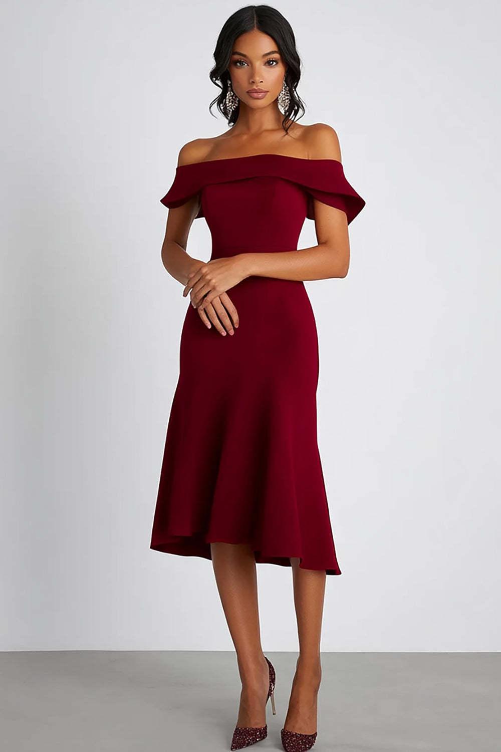 Suzhoufashion Satin Burgundy Wedding Guest Dress Off The Shoulder Knee-Length Formal Dress