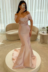 Satin Mermaid Prom Dress with Pleated Off Shoulder Neckline and Train