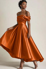 Satin Olive Wedding Guest Dress A-Line Off The Shoulder Ruched Ankle Length Formal Dress