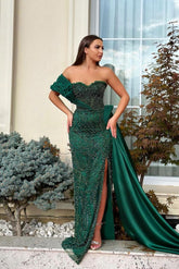 Satin One-Shoulder Long Mermaid Evening Formal Dress With Split