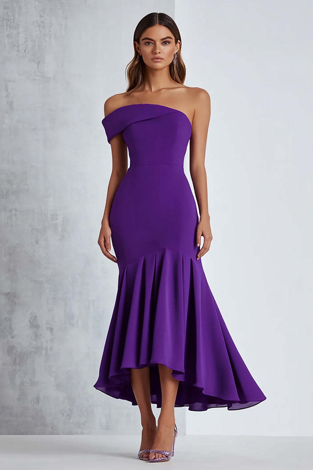 Suzhoufashion Satin Plum Off The Shoulder Knee-Length Formal Dress Suzhoufashion Satin Plum Off The Shoulder Knee-Length Formal Dress