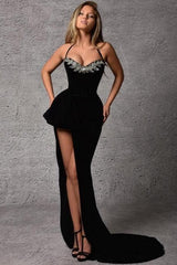 Satin Prom Dress Halter Sleeveless Black Formal Dress With Slit