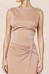 Satin Prom Dress Sheath Boat Neck Long Formal Dress With Slit