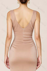 Satin Prom Dress Sheath Boat Neck Long Formal Dress With Slit