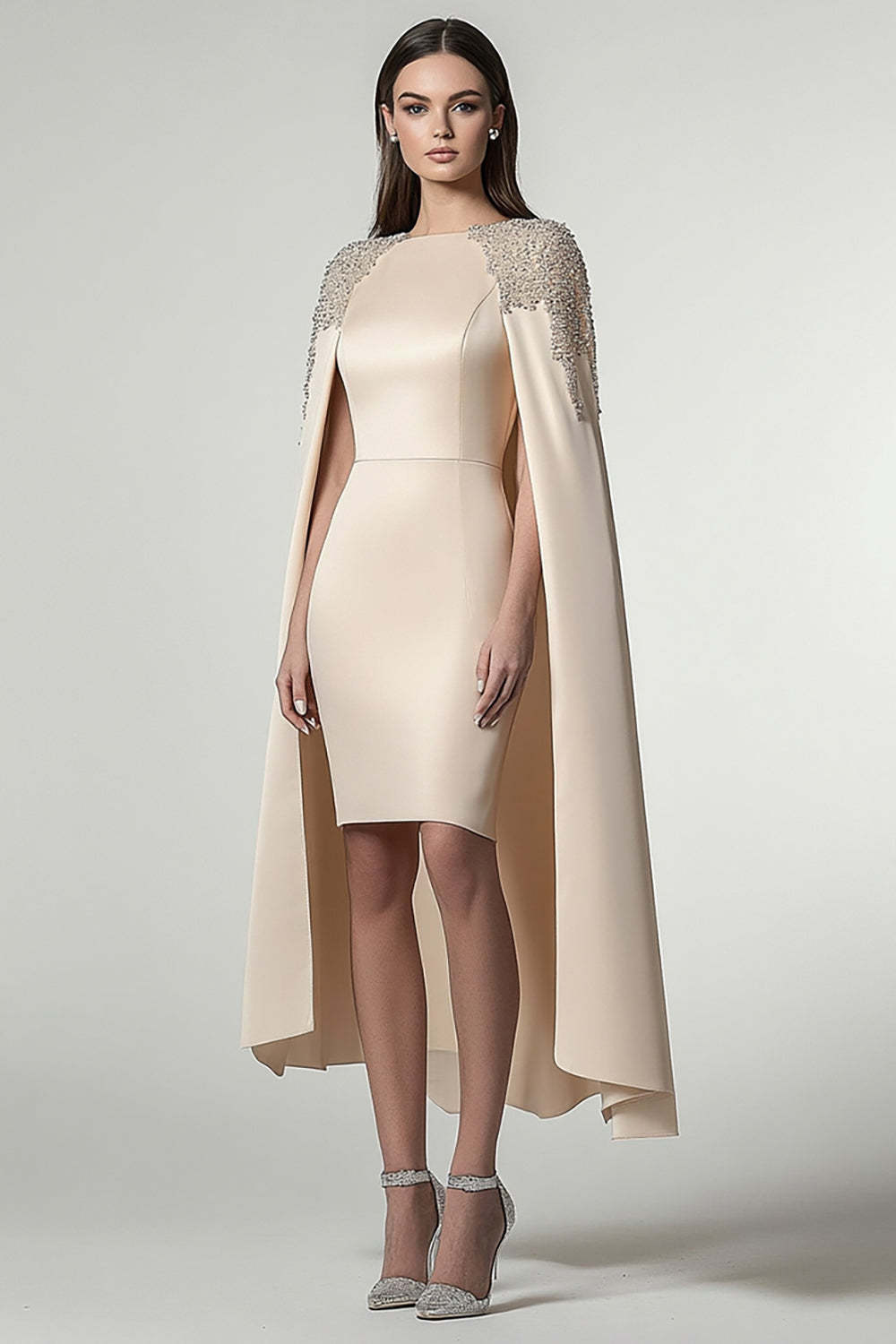 Suzhoufashion Satin Sheath Champagne Wedding Guest Dress Knee-Length Formal Dress With Shawl suzhoufashion Suzhoufashion Satin Sheath Champagne Wedding Guest Dress Knee-Length Formal Dress With Shawl suzhoufashion
