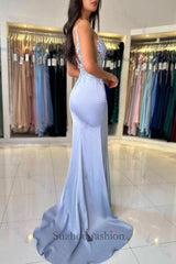 Satin Spaghetti Straps Prom Dress Sleeveless Formal Dress With Appliques Split