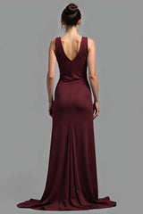 Satin V-Neck Cabernet Sheath Long Formal Dress