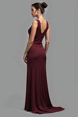 Satin V-Neck Cabernet Sheath Long Formal Dress