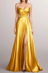 Satin Yellow A-Line Strapless Ruched Long Formal Dress With Slit