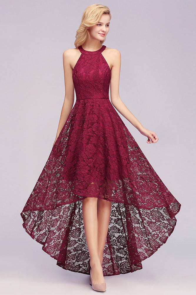 Scoop Sleeveless Hi-Lo Lace Prom Dress On Sale