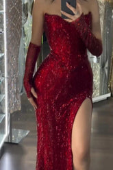 Sequin Strapless Long Mermaid Evening Formal Dress With Split Detachable sleeves
