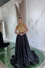 Sequined Evening Formal Dress Gold Long Sleeve Black Prom Dress