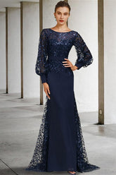 Sequined Long Mother of the Bride Dress with Scoop Neck and Long Sleeves