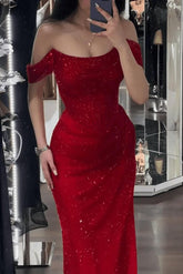 Sequined Off the Shoulder Sleeveless Long Evening Formal Dress With Split
