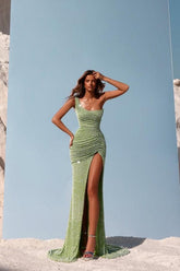 Sequined One Shoulder Sleeveless Long Evening Formal Dress With Split Pleated