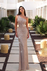 Sequined One Shoulder Sleeveless Mermaid Evening Formal Dress With Beadings