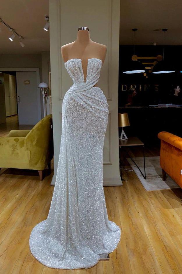 Sequined Sleeveless Gorgeous White Prom Dress Strapless Evening Formal Dress With Pleated Online