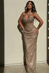 Sequined Strapless Sleeveless High Waist Long Evening Formal Dress With Beadings