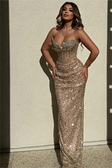 Sequined Strapless Sleeveless High Waist Long Evening Formal Dress With Beadings
