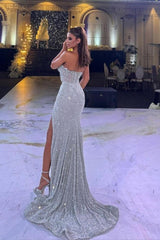 Sequined Strapless Sleeveless Split Long Evening Formal Dress With Beading